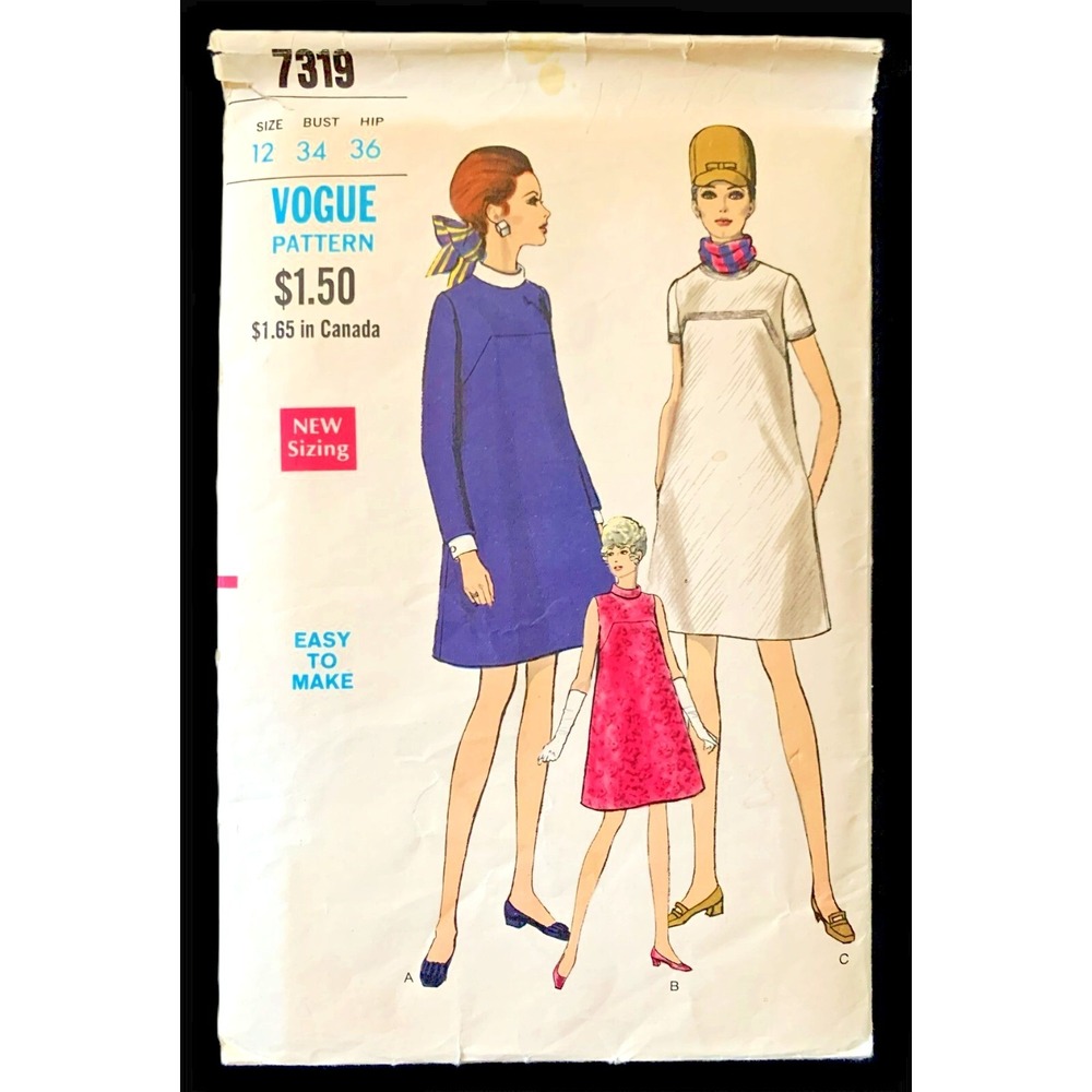 Vogue Vtg 1960's Pattern Cool Retro Tent Style Dress Neatly Cut/Complete 12/34"B